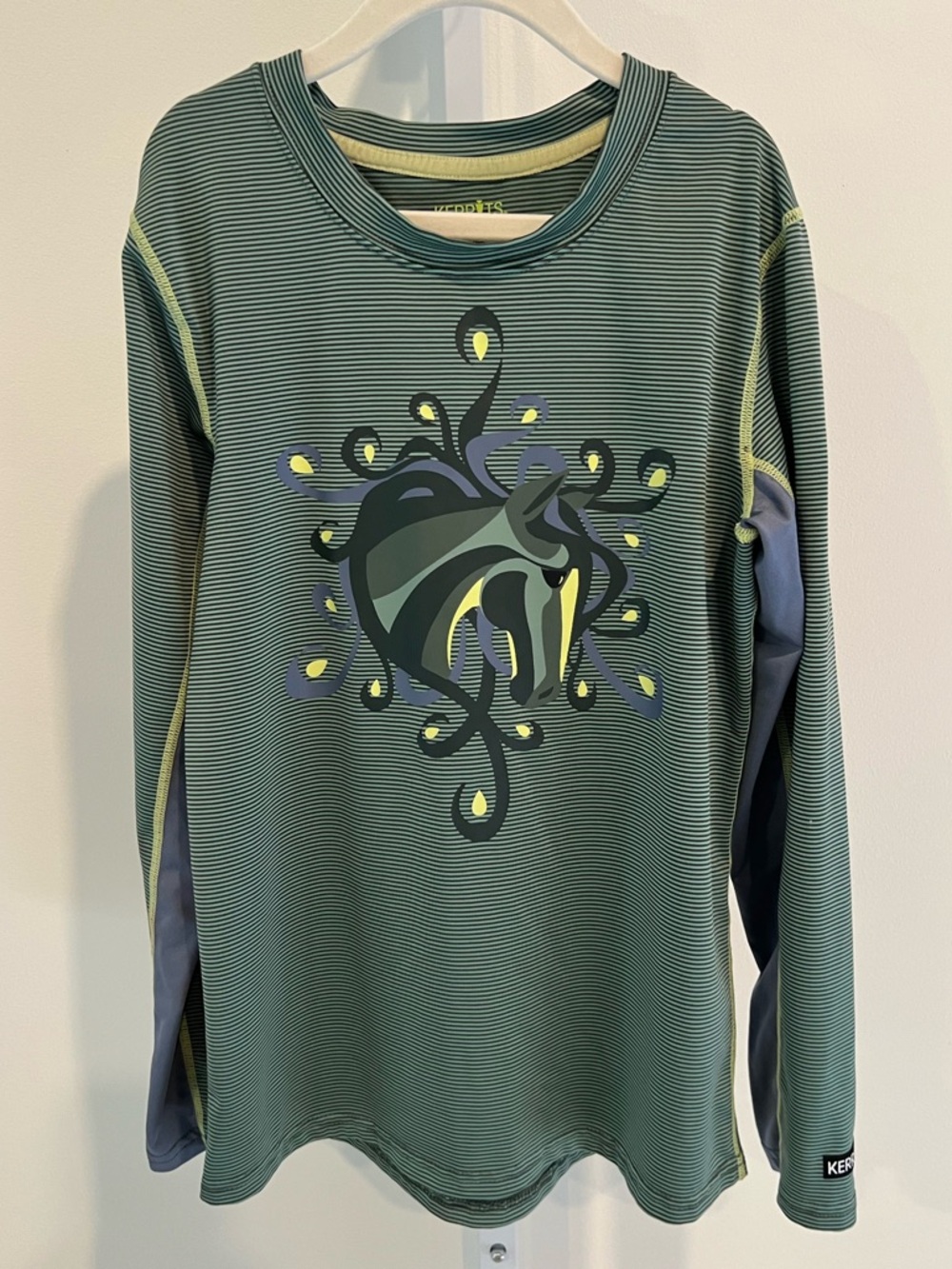 Kerrits Green Striped Horse Performance Base Layer Long Sleeve Shirt Kids Medium